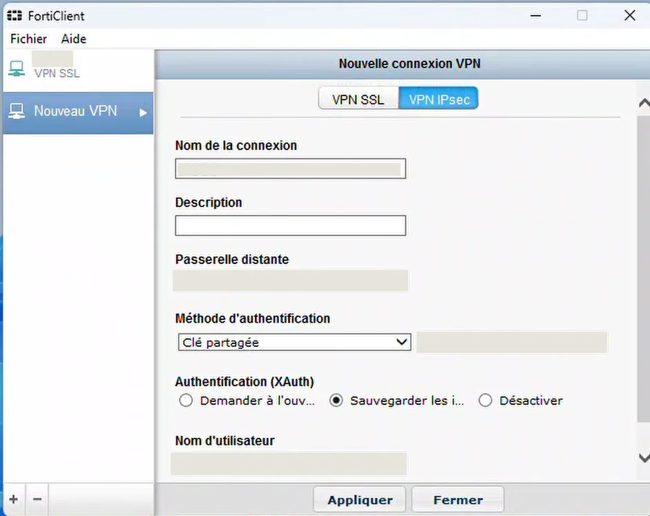 Fenêtre FortiClient « Nouvelle connexion VPN » onglet VPN IPsec, méthode Clé partagée et authentification XAuth ; nom de connexion, passerelle, clé et identifiant masqués.