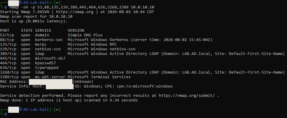 Terminal Kali : nmap -sV sur les ports AD du contrôleur 10.0.10.10, services Kerberos, LDAP (domaine LAB.AD.local), SMB et Terminal Services ouverts ; identifiant utilisateur, adresse MAC et nom d'hôte masqués.