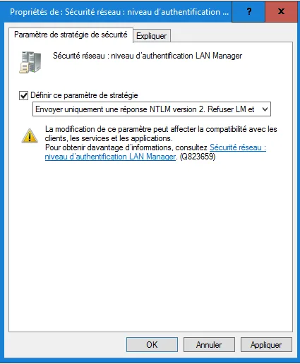 Fenêtre de paramètre de stratégie de sécurité Windows : niveau d'authentification LAN Manager réglé sur l'envoi de réponses NTLM version 2 uniquement.