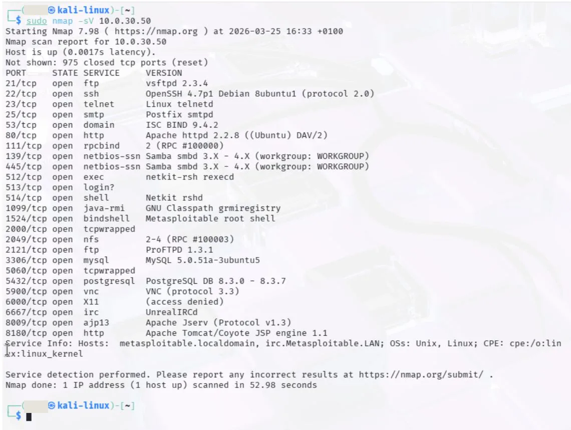 Résultat Nmap : plus de vingt services ouverts sur Metasploitable 2