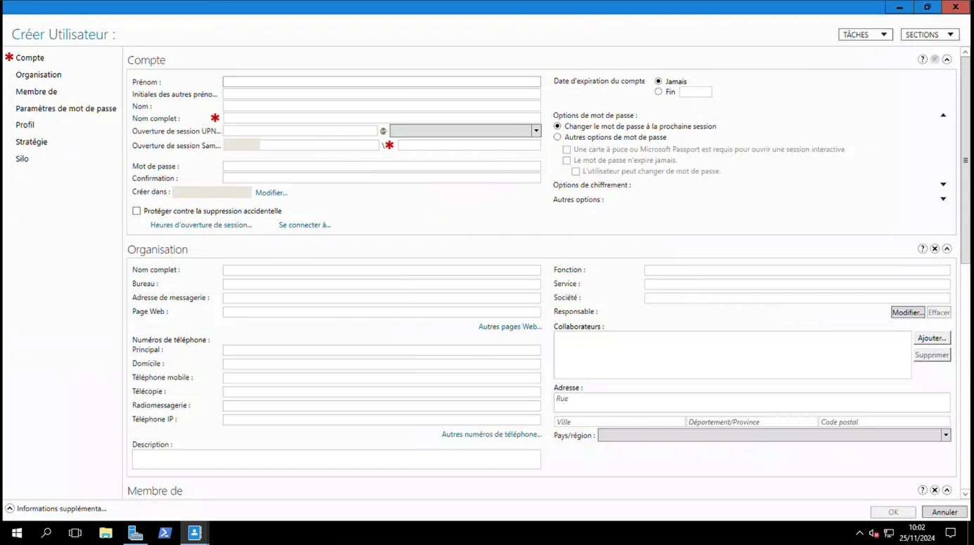 Formulaire « Créer Utilisateur » du Centre d'administration Active Directory, sections Compte et Organisation encore vides.