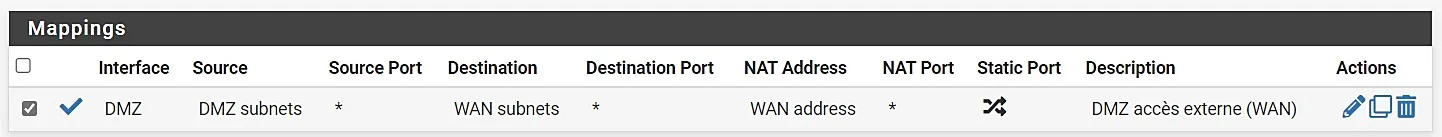 Tableau Mappings du NAT Outbound pfSense : interface DMZ, source DMZ subnets, destination WAN subnets, adresse NAT WAN address.