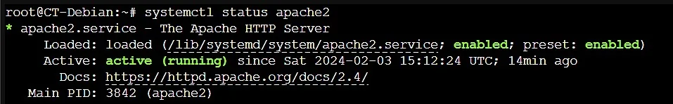 Sortie de systemctl status apache2 dans le conteneur CT-Debian : service enabled et active (running).