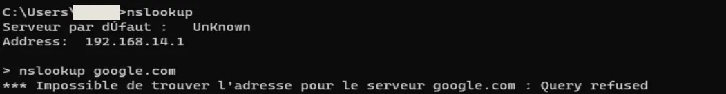 Invite de commandes : nslookup interroge le serveur 192.168.14.1 et renvoie « Query refused » pour google.com.