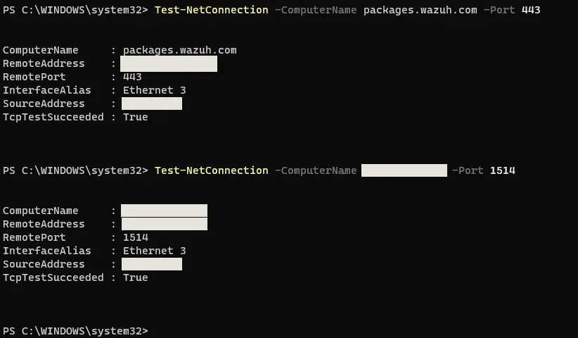 PowerShell Test-NetConnection depuis le serveur : packages.wazuh.com port 443 et le manager Wazuh interne port 1514, TcpTestSucceeded True dans les deux cas ; adresse IP publique résolue masquée.