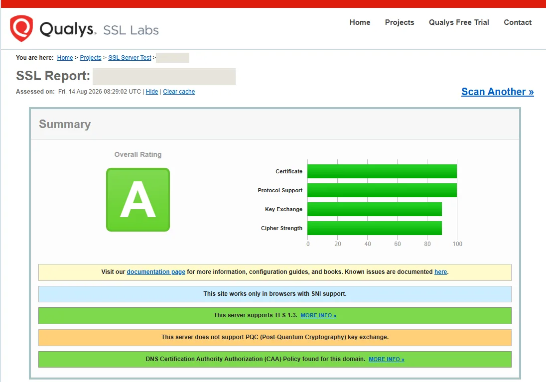 Rapport Qualys SSL Labs : note globale A, barres Certificate, Protocol Support, Key Exchange et Cipher Strength en vert, TLS 1.3 pris en charge ; nom d'hôte et adresse IP masqués.