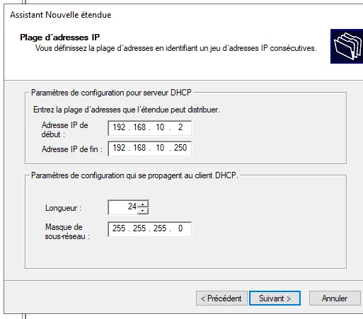 Assistant Nouvelle étendue DHCP : plage 192.168.10.2 à 192.168.10.250, masque 255.255.255.0.