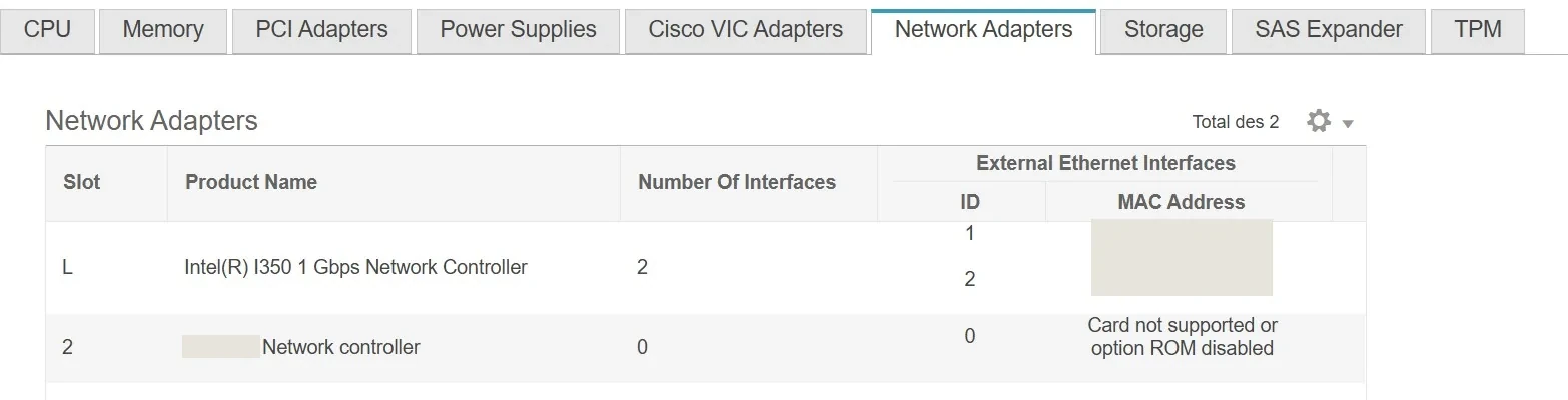 Interface Cisco CIMC, onglet Network Adapters : contrôleur Intel I350 1 Gbit/s avec deux interfaces et contrôleur 10G sans interface, marqué carte non supportée ; adresses MAC masquées.