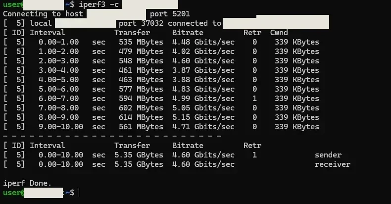 Terminal Linux : iperf3 client vers un serveur interne, débits par seconde entre 3,87 et 5,15 Gbit/s et moyenne de 4,60 Gbit/s.