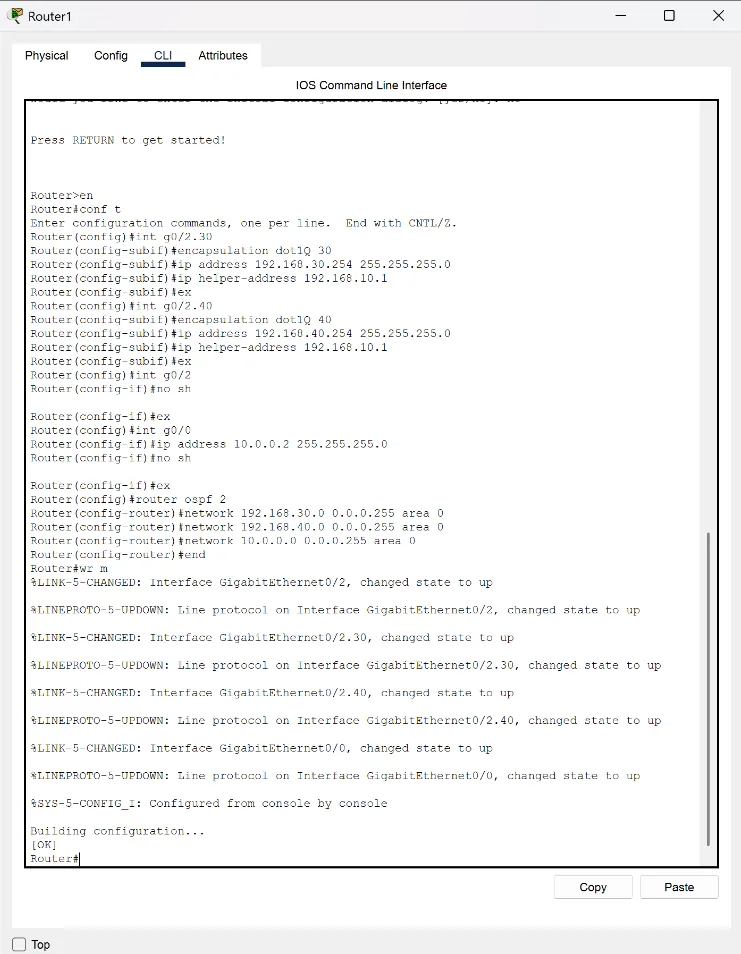 CLI IOS de Router1 : sous-interfaces g0/2.30 et g0/2.40 en dot1Q avec ip helper-address 192.168.10.1, adresse 10.0.0.2 sur g0/0 et router ospf 2.