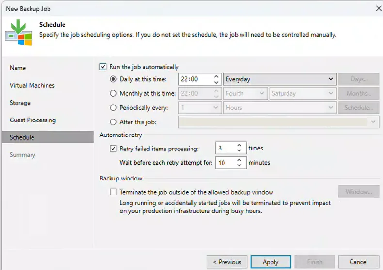 Étape Schedule de l'assistant Veeam : exécution automatique tous les jours à 22:00, 3 tentatives espacées de 10 minutes.