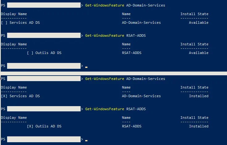 Deux sorties PowerShell de Get-WindowsFeature pour AD-Domain-Services et RSAT-ADDS : en haut l'état Available, en bas l'état Installed.