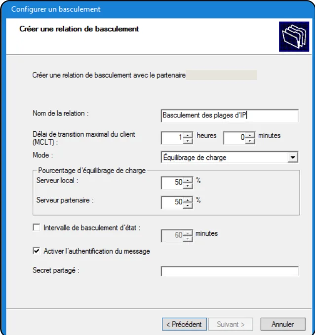 Fenêtre « Configurer un basculement » de la console DHCP : MCLT d'1 heure, mode Équilibrage de charge à 50 % / 50 %, authentification des messages activée ; nom du serveur partenaire masqué.