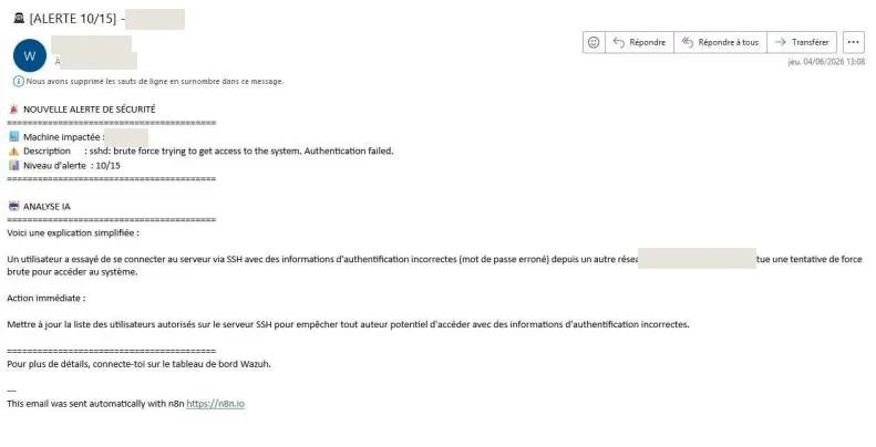 E-mail « [ALERTE 10/15] » (nom de la machine masqué) : machine impactée, description, niveau d'alerte, puis une section « Analyse IA » expliquant la tentative de force brute SSH et l'action recommandée ; expéditeur et destinataire masqués.
