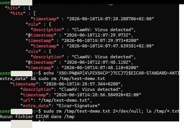 Terminal Linux : résultat JSON de requête sur l'indexer avec plusieurs alertes « ClamAV: Virus detected », création puis suppression du fichier de test EICAR et vérification finale.