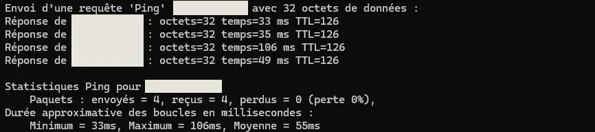 Invite de commandes Windows : ping vers une adresse interne, quatre réponses, 0 % de perte, minimum 33 ms, maximum 106 ms, moyenne 55 ms.
